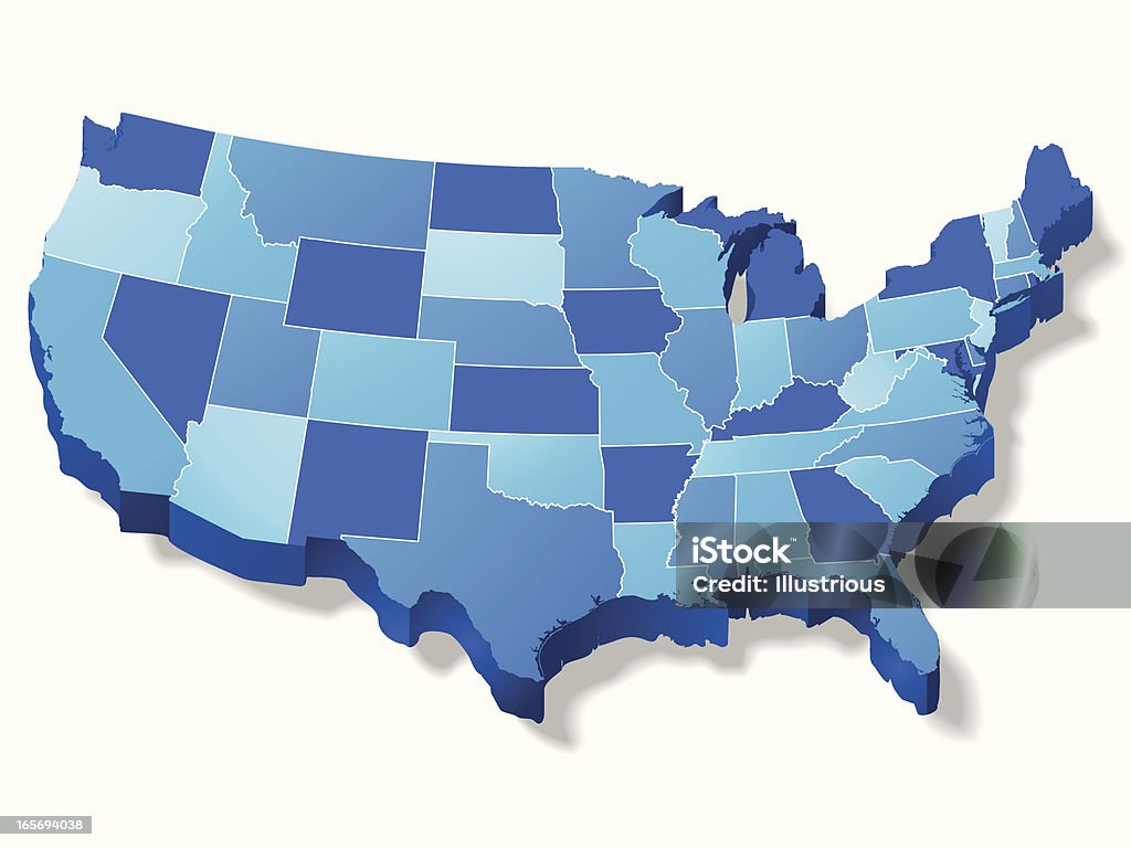 Three Dimensional USA Map ZOOM IN...This is a great 3D map of the USA with border lines between each state (which can be easily removed). This file is layered and grouped for easy editing. This download contains an editable EPS file, as well as a large JPG file, and an ai v10 file (zip file). The map was traced manually using the pen tool for maximum detail. Map stock vector