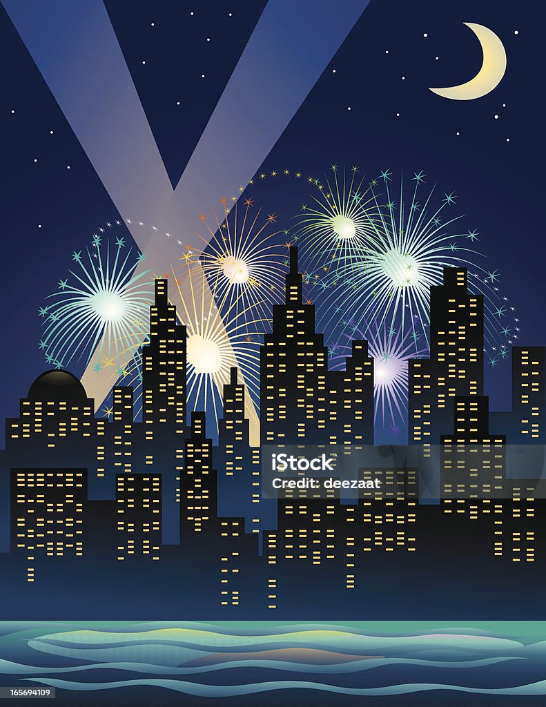 Celebration in the city Celebration in the city under moonlight, fireworks and search light. Searchlight stock vector