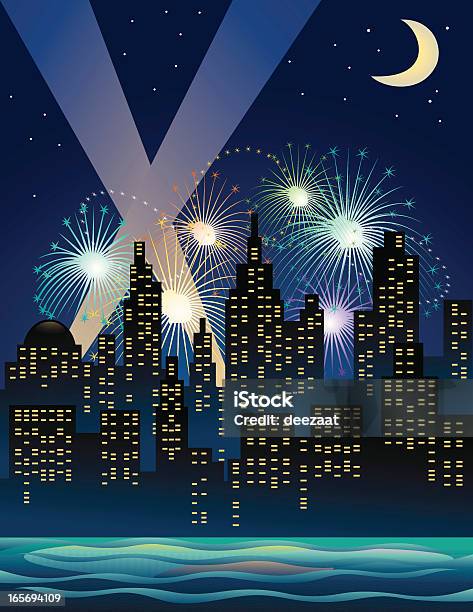 Celebration In The City Stock Illustration - Download Image Now - Searchlight, Building Exterior, Celebration