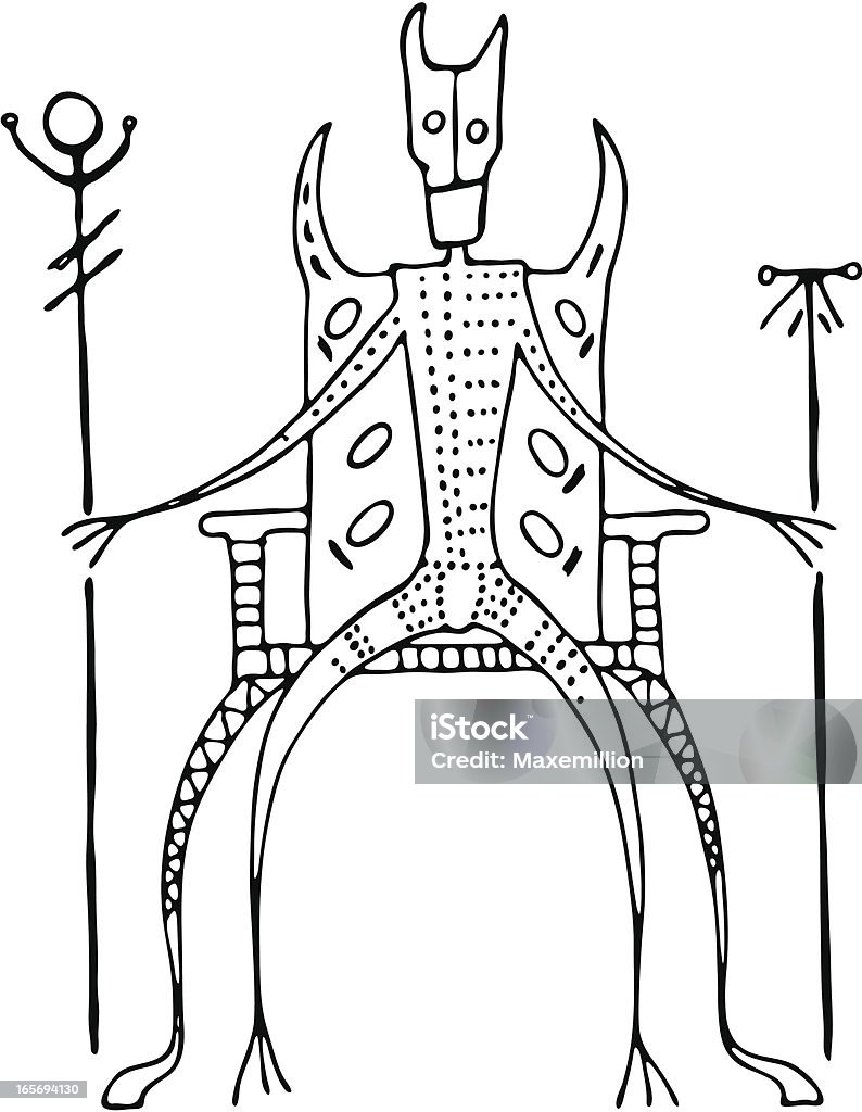 Prehistóricas Pintura rupestre en el trono con cama King - arte vectorial de Curandero libre de derechos