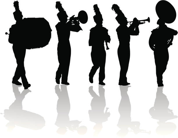 blaskapelle silhouetten trompete, schlagzeug, flöte, mellophone - marching band stock-grafiken, -clipart, -cartoons und -symbole