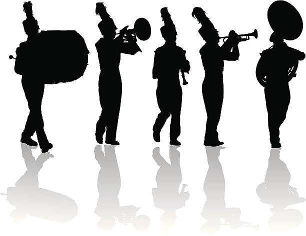 ilustrações de stock, clip art, desenhos animados e ícones de banda de marcha silhuetas de trompete, flauta, tambor, melofone - trumpet brass instrument marching band musical instrument