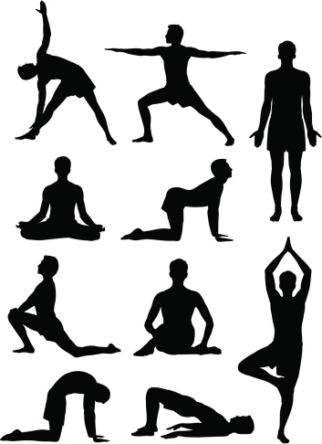 Silhouettes of a man in various yoga poses.