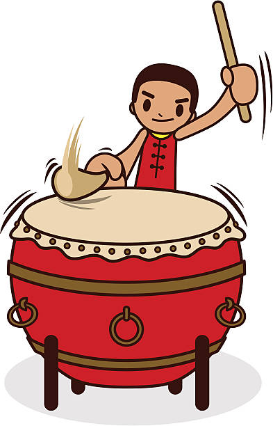ilustrações, clipart, desenhos animados e ícones de chinês baterista chegar ao grande tambor - drumhead