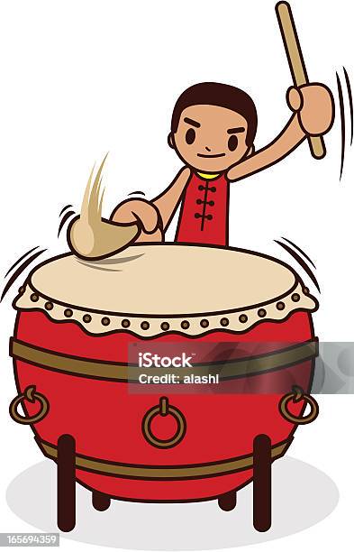 Chinês Baterista Batendo O Grande Tambor - Arte vetorial de stock e mais imagens de Bateria - Instrumento de Percussão - Bateria - Instrumento de Percussão, Criança, Chinês