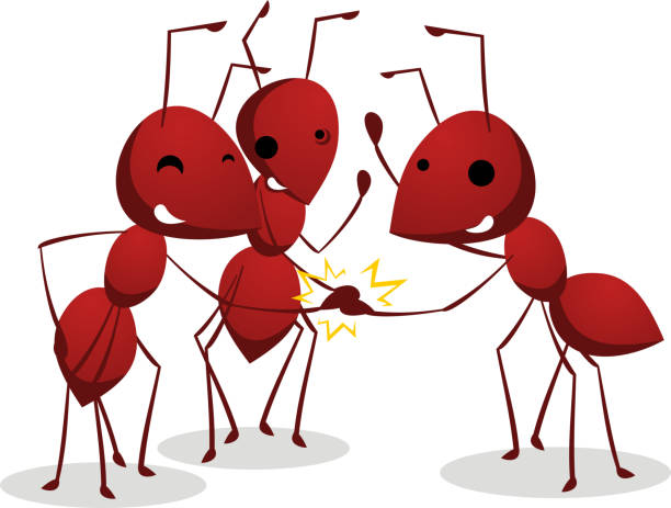 Three Ants team shaking teamwork hands Three Ants team shaking teamwork hands, with three brown ants vector illustration. anthill stock illustrations