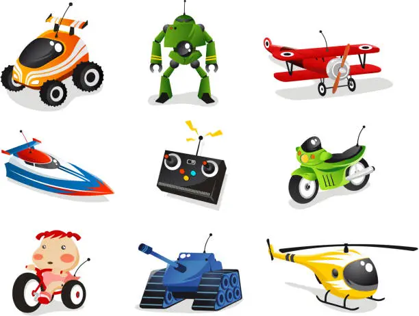 Vector illustration of Remote control toys car robot plane ship helicopter bike