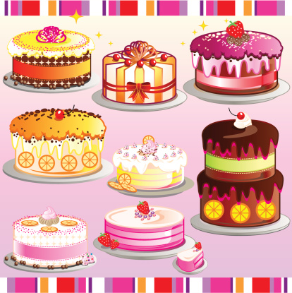 Vector illustration set of 8 different style and flavour cakes.