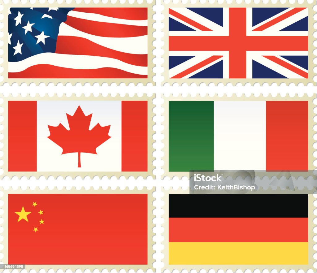 Country Flags on estampillas, Estados Unidos, Canadá, China, Alemania, Italia, Reino Unido - arte vectorial de Alemania libre de derechos