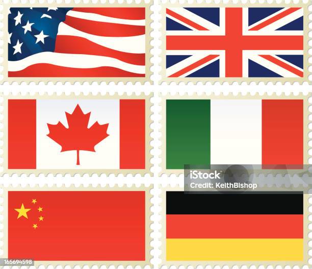 Ilustración de Country Flags On Estampillas Estados Unidos Canadá China Alemania Italia Reino Unido y más Vectores Libres de Derechos de Alemania