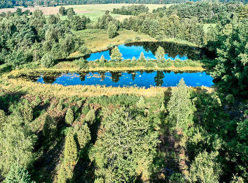 Aerial view of blue shimmering small lake with two water zones in heath landscape of northern Germany