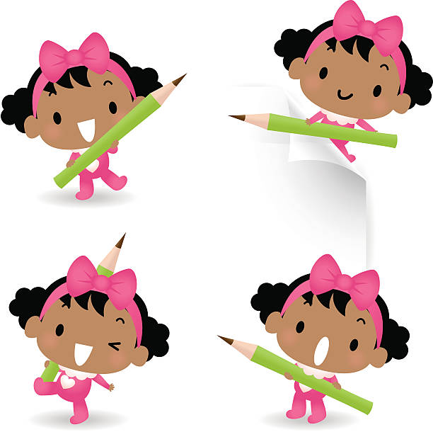 süßes baby-mädchen mit bleistift - tied knot pencil reminder ideas stock-grafiken, -clipart, -cartoons und -symbole