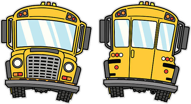 Cartoon of a yellow school bus showing front and back vector art illustration