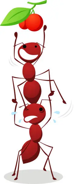 Vector illustration of Ants helping each other make a stair to fetch cherry