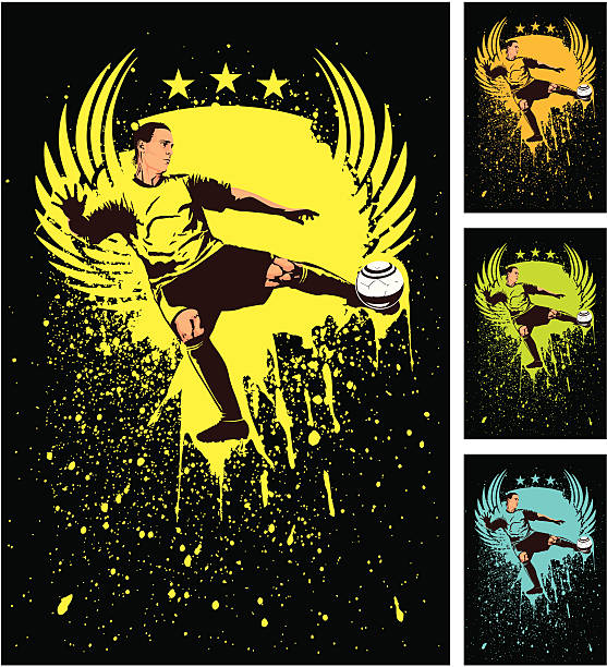 ilustraciones, imágenes clip art, dibujos animados e iconos de stock de jugador de fútbol con dosel - volley kick