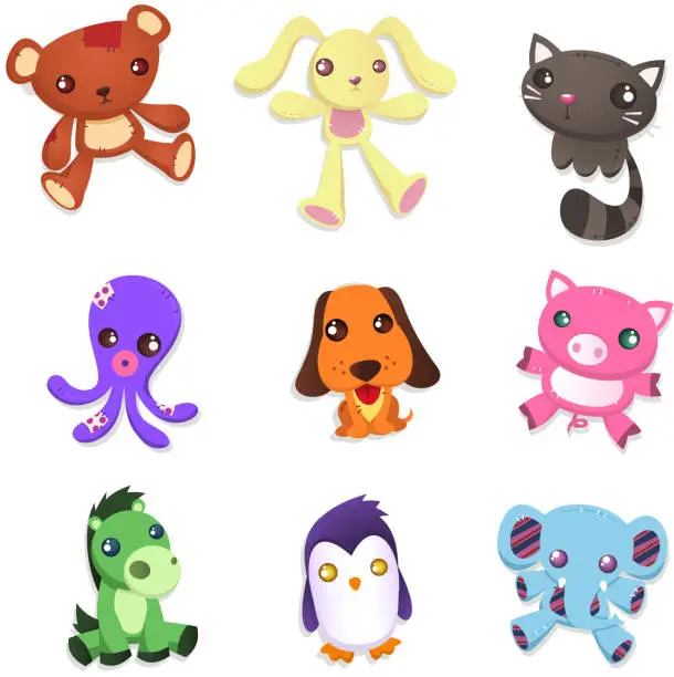 Vector illustration of Stuffed animal collection teddy bear rabbit cat octopus dog pig