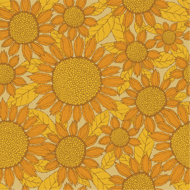 Seamless Sunflower Pattern Hand drawn style Sunflower Pattern. Zip contains AI and PDF format. orange sunflower stock illustrations