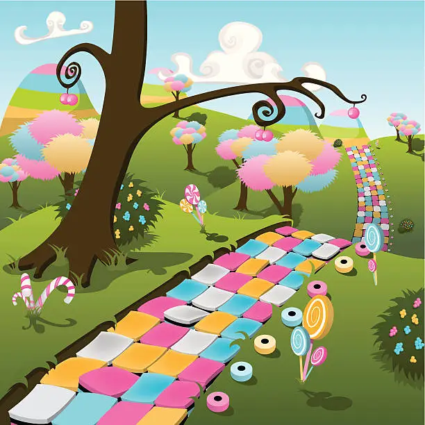 Vector illustration of Illustration of a colorful candy land paradise