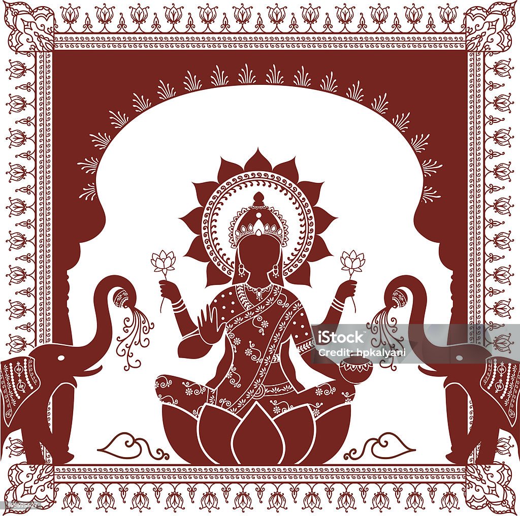 Mehndi Lakshmi An illustration of Lakshmi, the Hindu Goddess of prosperity, with elephants and an ornate arch/border - inspired by the art of mehndi (henna painting). (Includes .jpg) Goddess Lakshmi stock vector