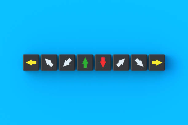 Social divisions. Difficulties of choice. Ambiguous conclusions. Alternative directions. Various solutions to problems. Colorful arrows on cubes in different directions. 3d render
