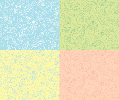 Outline vector seamless patterns of candies and lollipops on pastel backgrounds.