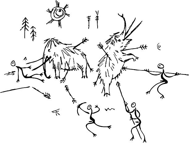 Caverna Pré-histórica Pintura de caça de Mamute - ilustração de arte vetorial