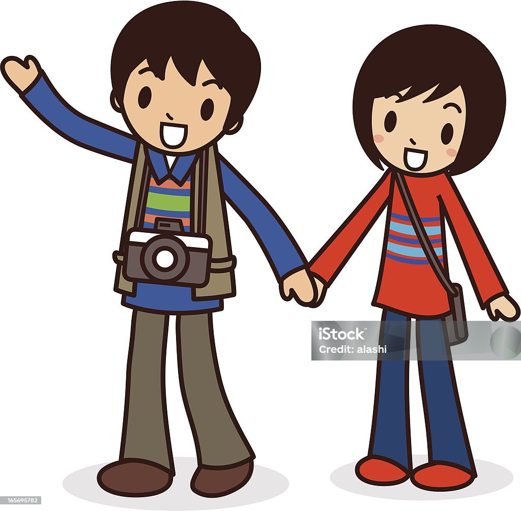 Felice giovane coppia andare viaggiare leggero (escursionismo - arte vettoriale royalty-free di Abbigliamento casual