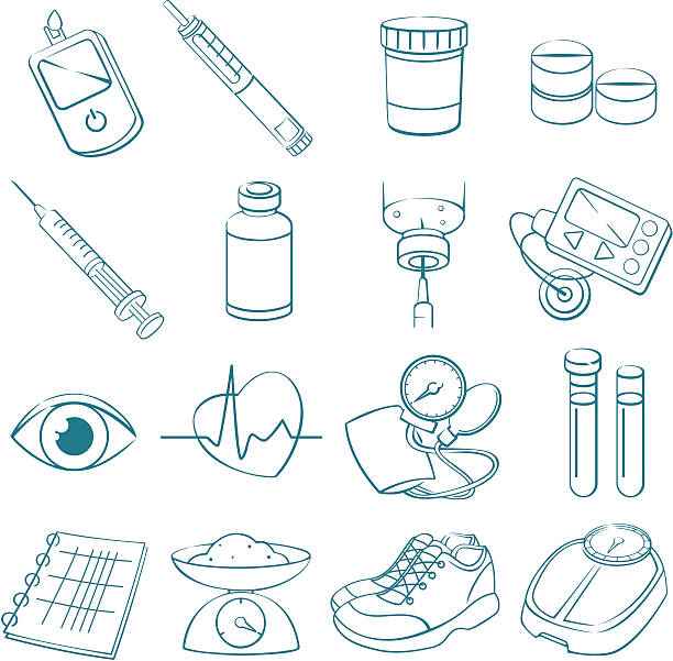 Diabetes Treatment Line Art [b]Life with Diabetes:[/b]
Vector line art drawings of Diabetes treatment related items.
The set includes: 
Blood Glucose Test, Insulin Injection Pen, Anti-Diabetic-Drugs, Insulin phial and syringe, Insulin Pump, Eye, Heart rate, Blood pressure cuff, Blood Test Tubes, Spiral Note Pad, Kitchen Scale, Sports shoes, Bathroom Scale.
Strokes are expanded and combined into one shape - color can be changed with one click.
Visit my Lightboxes for related images:
[url=http://www.istockphoto.com/my_lightbox_contents.php?lightboxID=5820617][IMG]http://i12.photobucket.com/albums/a209/HJvectors/istockphoto/healthcare_medicine_zpsu2zcb7ow.jpg[/IMG][/URL]
[url=http://www.istockphoto.com/my_lightbox_contents.php?lightboxID=5991299][IMG]http://i12.photobucket.com/albums/a209/HJvectors/istockphoto/floraldreams_zpsxgybsz13.jpg[/IMG][/URL]
[url=http://www.istockphoto.com/my_lightbox_contents.php?lightboxID=5453778][img]http://www.helgajaunegg.com/lightbox/yoga.jpg[/img] medicine vial stock illustrations