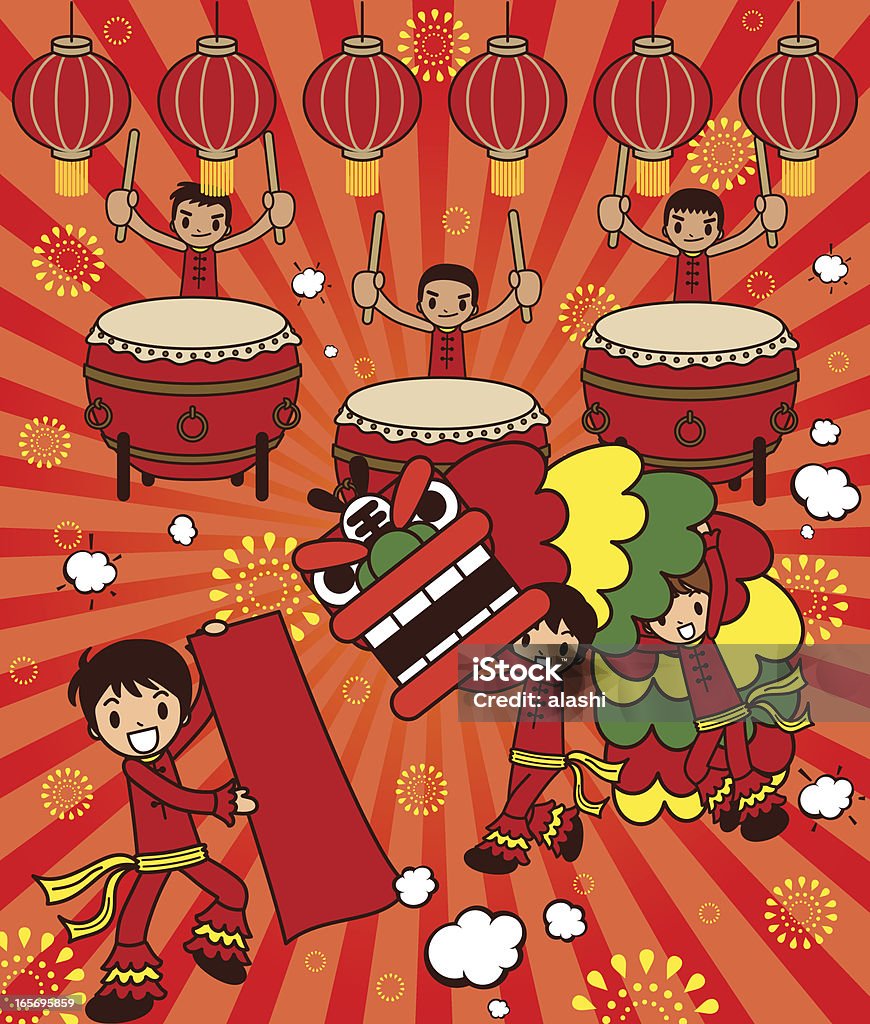 Dança do leão e grande tambor Drama feliz Ano Novo - Vetor de Cultura Chinesa royalty-free