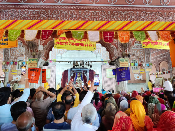Picture of crowd at Govind Devji Temple Jaipur, India 3 September 2023: Picture of crowd at Govind Devji Temple on occasion of Krishna Janmashtami india jaipur rajasthan traditional culture stock pictures, royalty-free photos & images