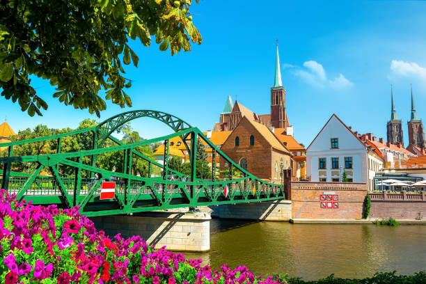 Panoramic view of renovated Tumski Bridge in Wroclaw, Poland