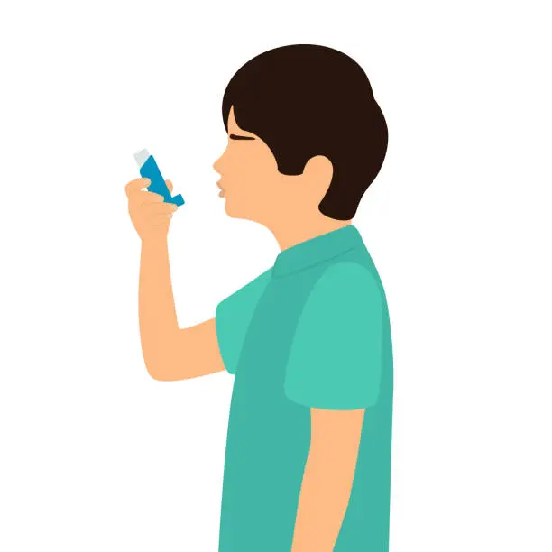 Vector illustration of Little Boy Using Asthma Inhaler For Preventing Disease Attack