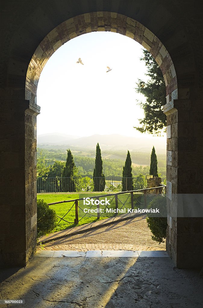 Tuscan scene View on Tuscan landscape from small church on a hill. Tuscany Stock Photo