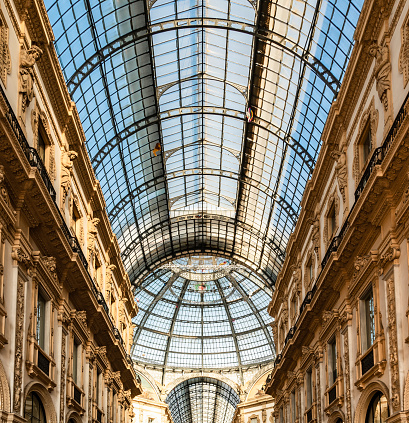 Interior arm of Galleria Vittorio Emanuele II shopping arcade, decorated in the Lombard Renaissance style