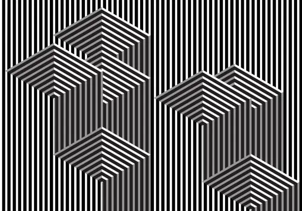 Vector illustration of Optical art in black and white. Vertical stripes with shadows and voids. EPS10 vector format