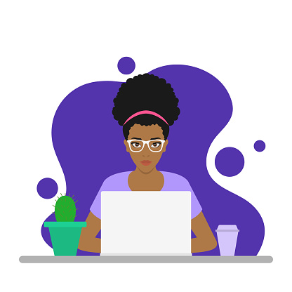 Girl working on laptop at home. Vector illustration EPS10