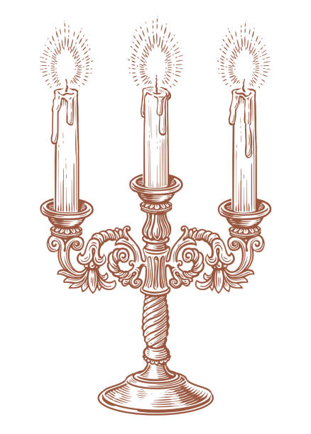 Vintage candlestick with candles. Old chandelier engraving style. Sketch vector illustration