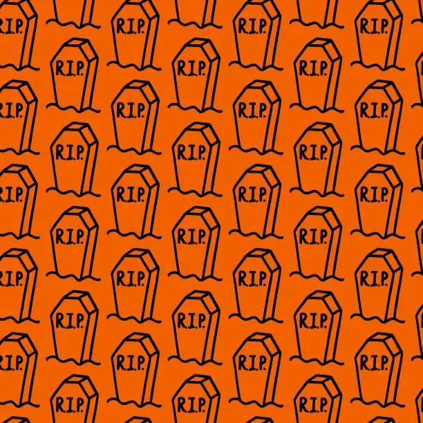 Vector illustration of Vector halloween gravestone, cemetery seamless pattern clipart and icon. Funny, cute illustration for seasonal design, textile, decoration kids playroom or greeting card. Hand drawn prints and doodle.