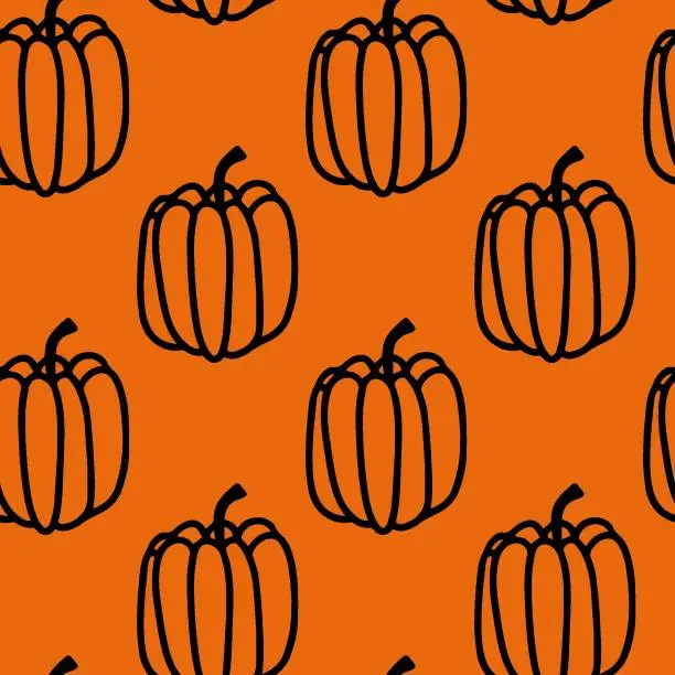 Vector illustration of Vector halloween seamless pattern pumpkins clipart on the orange. Funny, cute illustration for seasonal design, textile, decoration kids playroom or greeting card. Hand drawn prints and doodle.