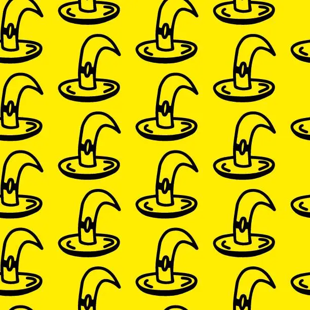 Vector illustration of Vector halloween seamless pattern witch hat clipart on the yellow. Funny, cute illustration for seasonal design, textile, decoration kids playroom or greeting card. Hand drawn prints and doodle.
