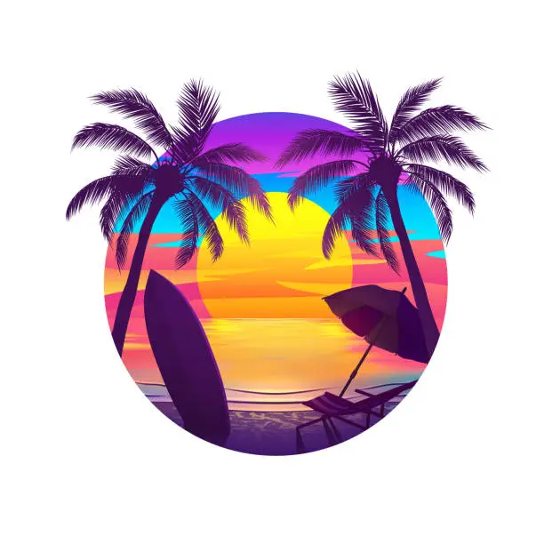 Vector illustration of Tropical Beach at Sunset with Palm Trees