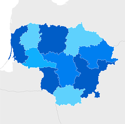 High detailed Lithuania Blue map with Regions and national borders of Belarus, Russia, Latvia, Estonia, Poland, Sweden, Denmark