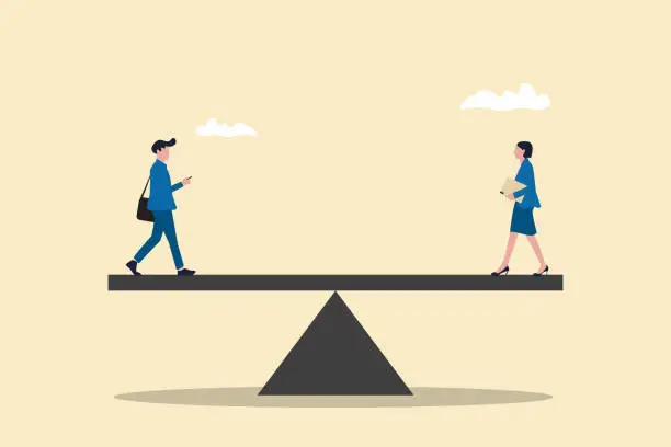 Vector illustration of Businessman and businesswoman balancing on equal seesaw. concept of Gender equality, treat female and male equally, diversity or balance, fairness and justice