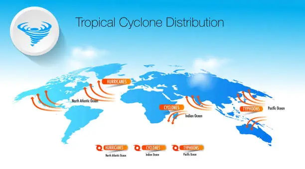 Vector illustration of tropical Cyclones Hurricane typhoon distribution and ocean