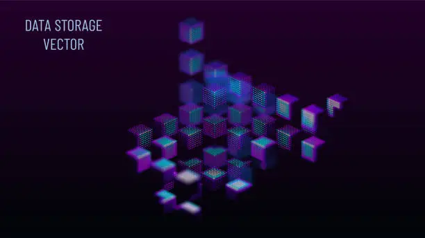 Vector illustration of Data warehouse visualization. Glowing cubes from dots illuminated by cold light. Realistic shadows. Depth of field. Abstract background.