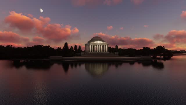 Side aerial shot at sunset of the Thomas Jefferson Memorial in Washington D.C. - United States