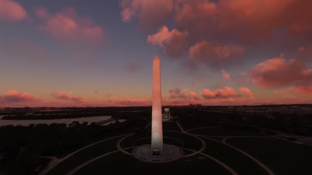 Circular aerial view of the Washington Monument in Washington D.C. - United States