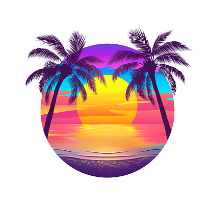 This captivating image captures the serenity of a tropical beach at sunset, with graceful palm trees silhouetted against the colorful sky. It's a breathtaking view that transports you to the ultimate paradise getaway. Vector illustration.