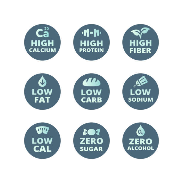 ilustrações de stock, clip art, desenhos animados e ícones de high calcium, fiber and protein labels - healthy eating food and drink nutrition label food