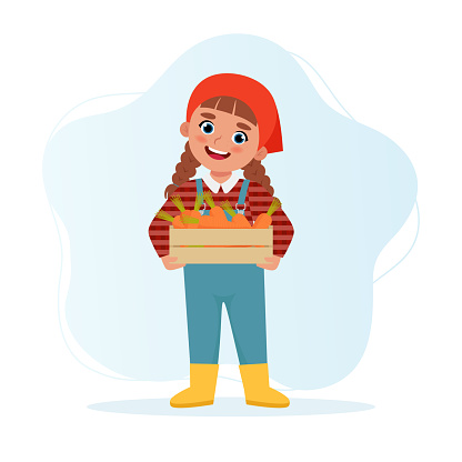 Cute happy kid harvesting carrots. Autumn season. Vector illustration